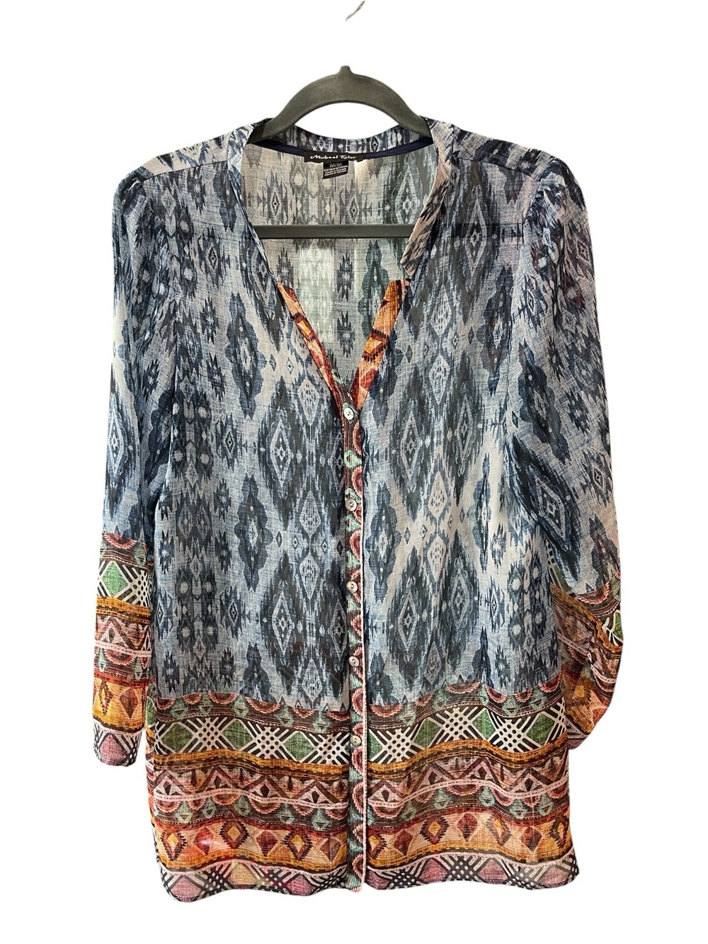 Embellished Ikat Button-Front Tunic - Blue Multi